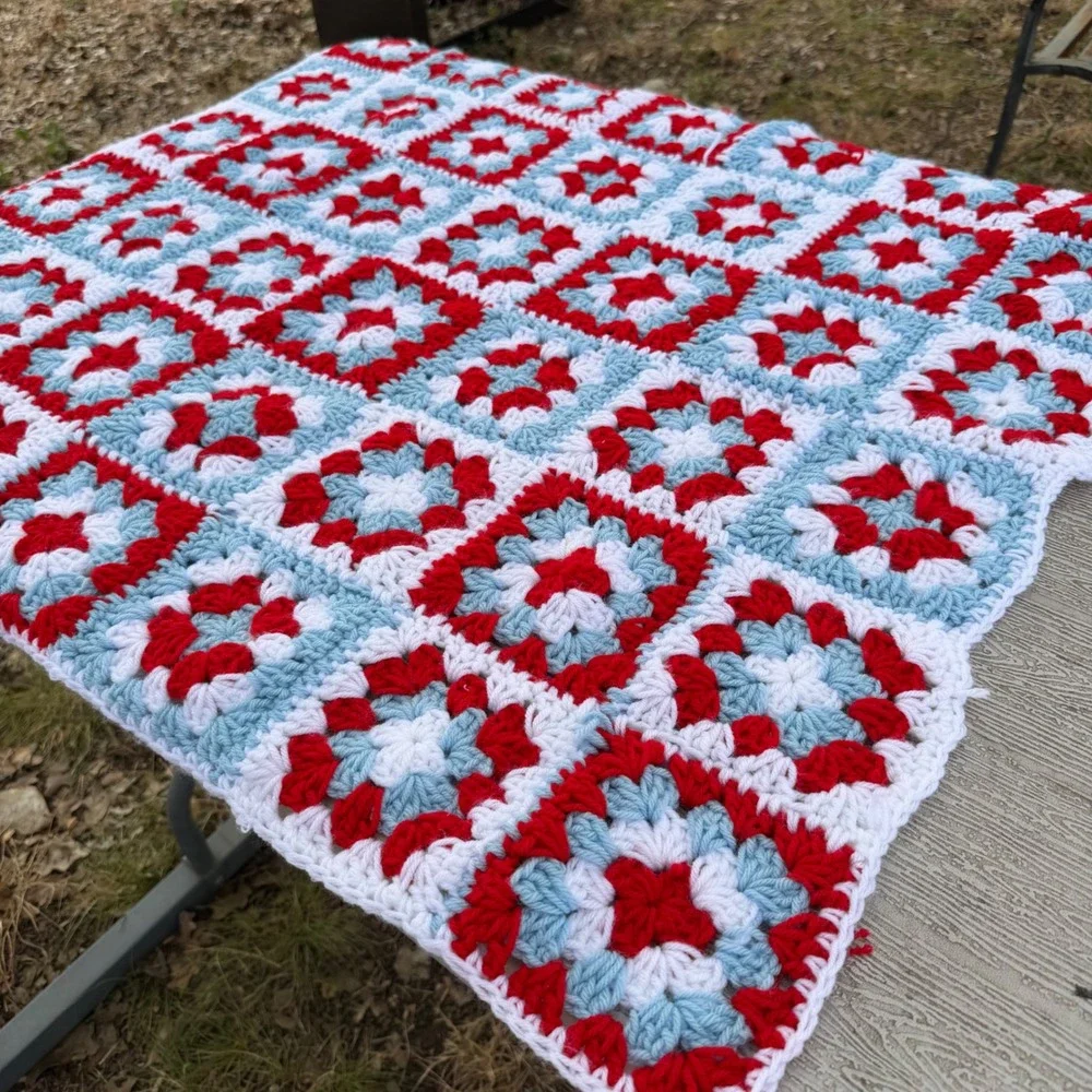 Handmade Crochet Granny Square Blanket Red White Blue Throw 39x33 Cottagecore